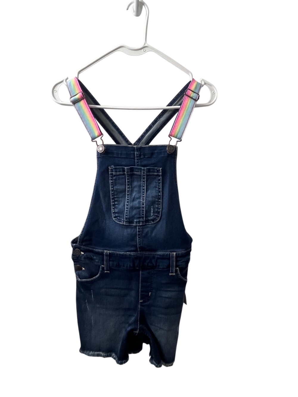 Justice Navy Denim Short Overalls with Rainbow Straps
